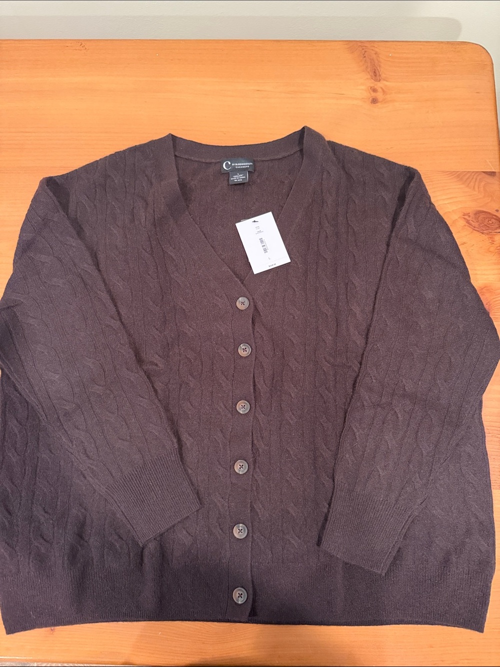 C by Bloomingdale's Brown 2-ply Cashmere Cable-Knit V-Neck Cardigan